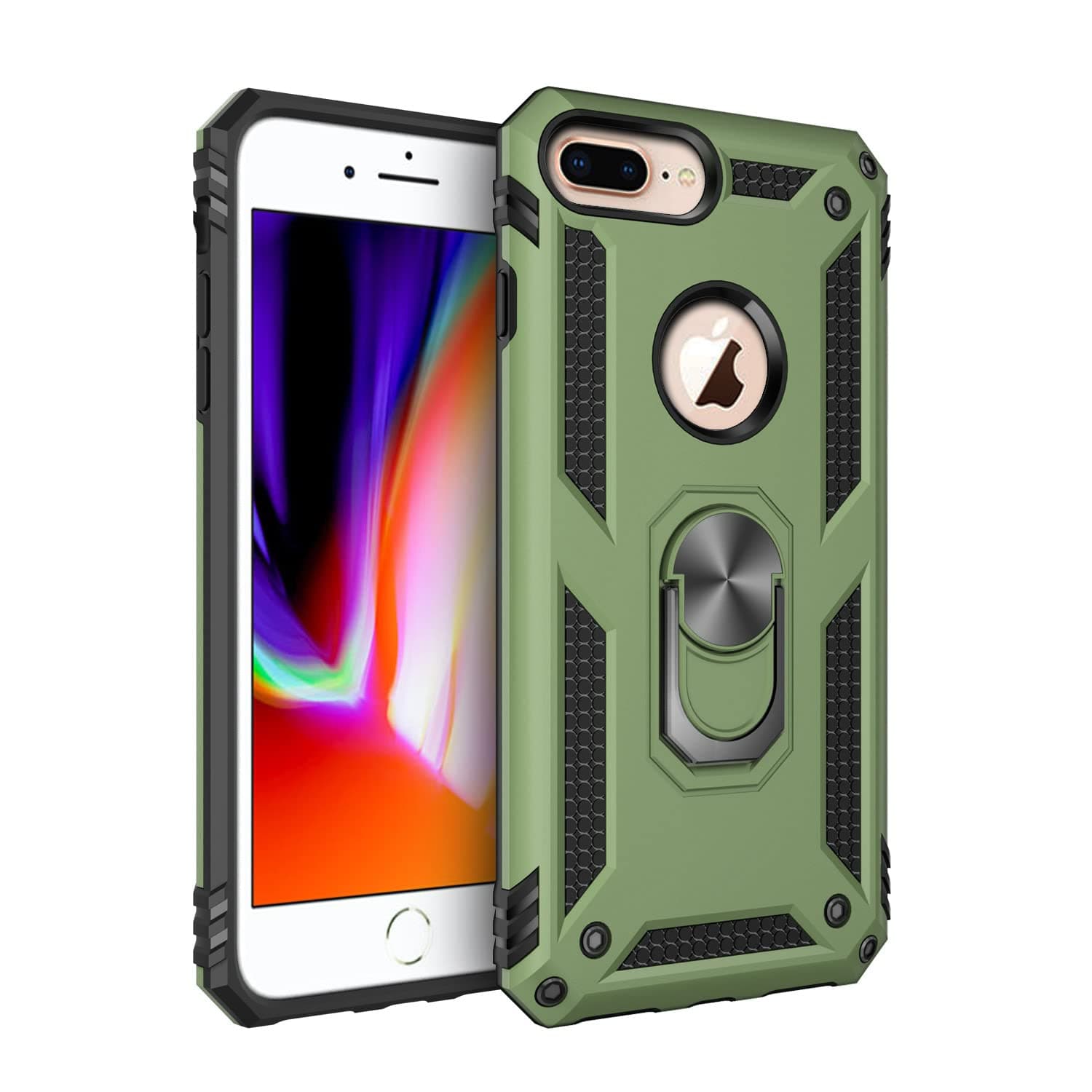 Korecase Compatible with iPhone 7 Plus Case/iPhone 8 Plus Case, Extreme Protection Military Armor Dual Layer Protective Cover with 360 Degree Swivel Ring Kickstand Olive Green