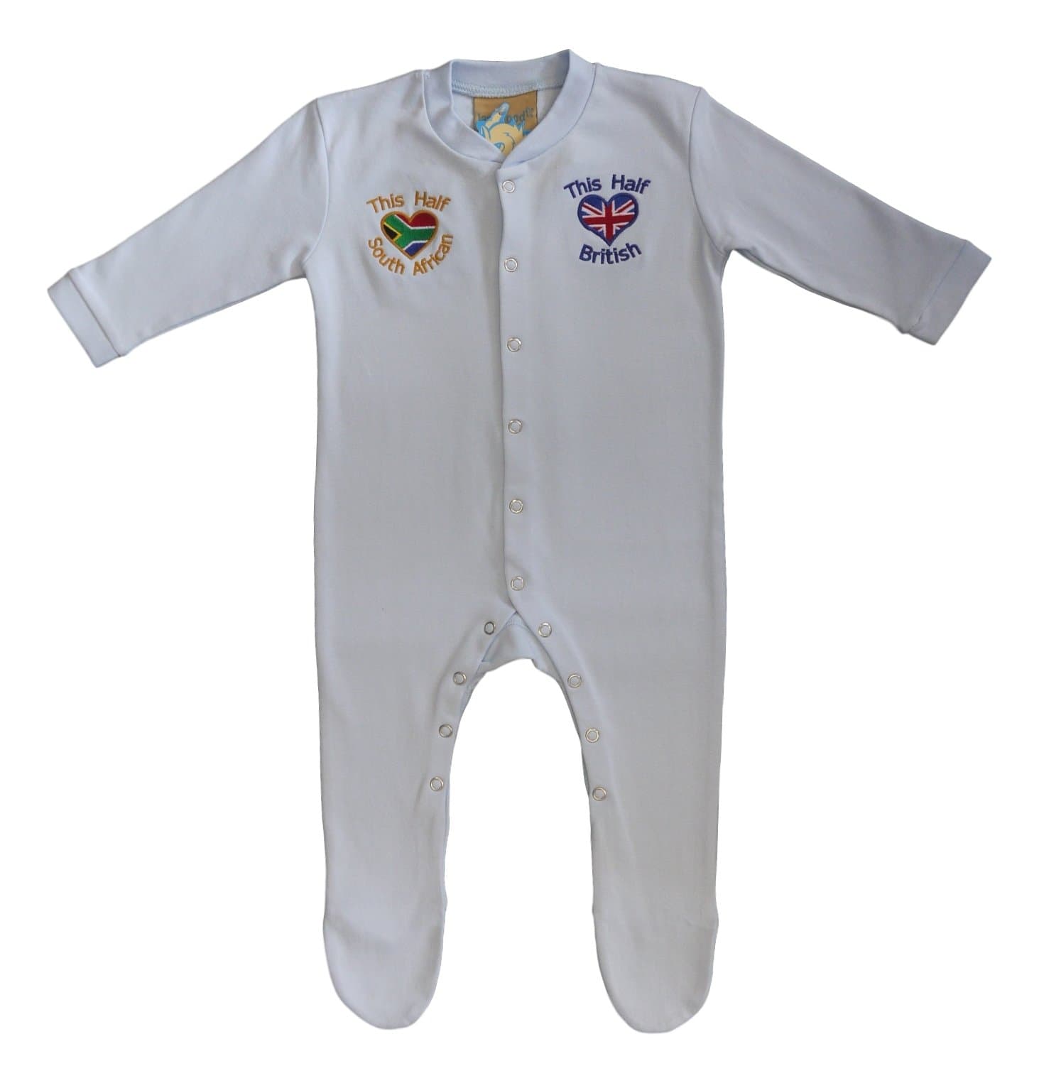 Half South African & Half British Baby Embroidered Sleepsuit (6-12 Months, Blue)
