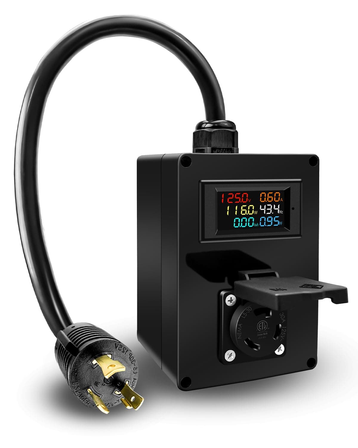 30A AC Power Meter, LCD Display Digital Multimeter Meter 40-300V Monitor L5-30P to L5-30R for Generator Voltmeter Ammeter Power Factor Monitor