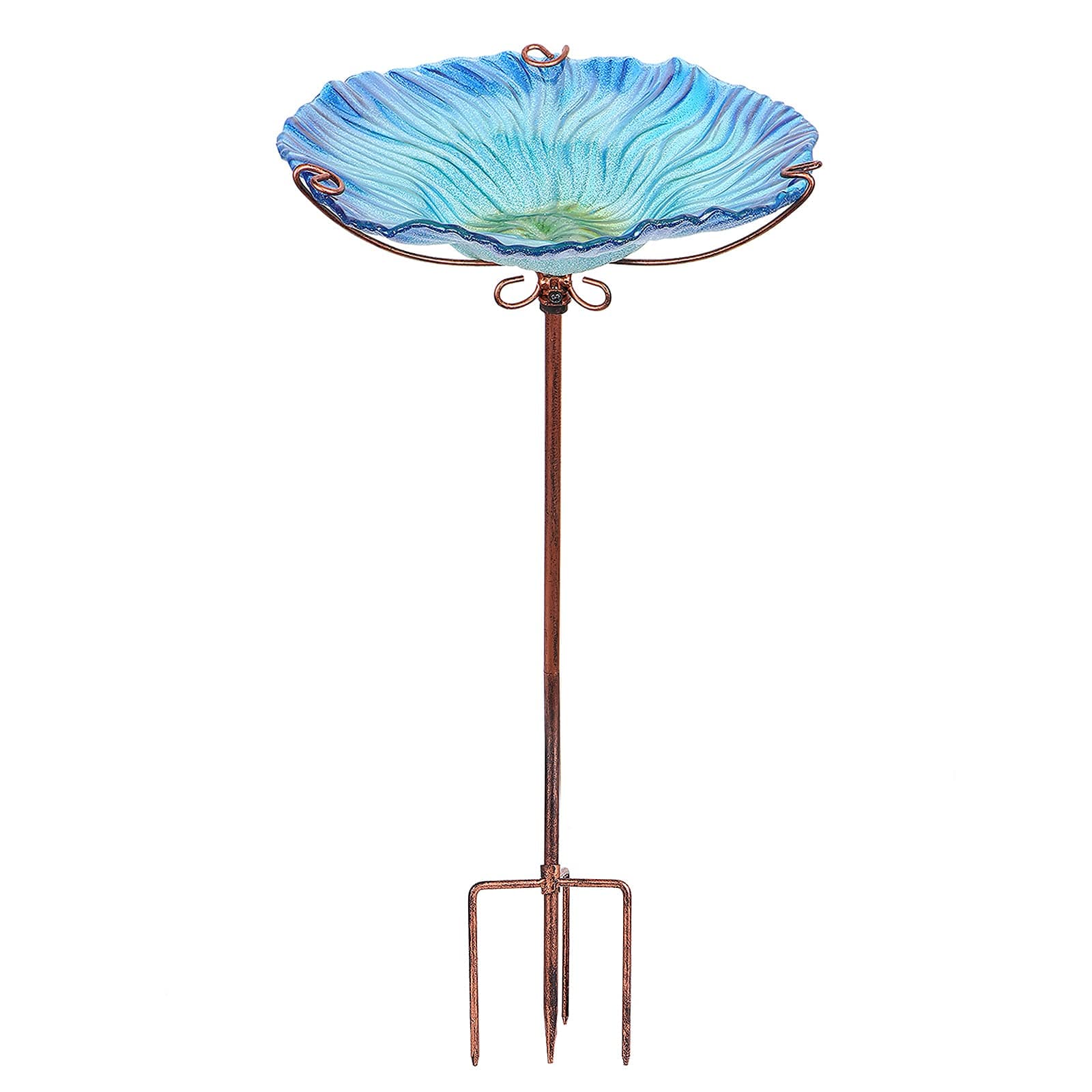 MUMTOP 26 Inch Height Glass Birdbath Birdfeeder with Metal Stake Garden Outdoor Blue