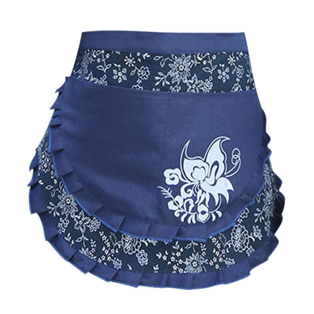 Love Potato Women's Vintage Floral Print Cotton Half Apron with 2 Pockets, Blue