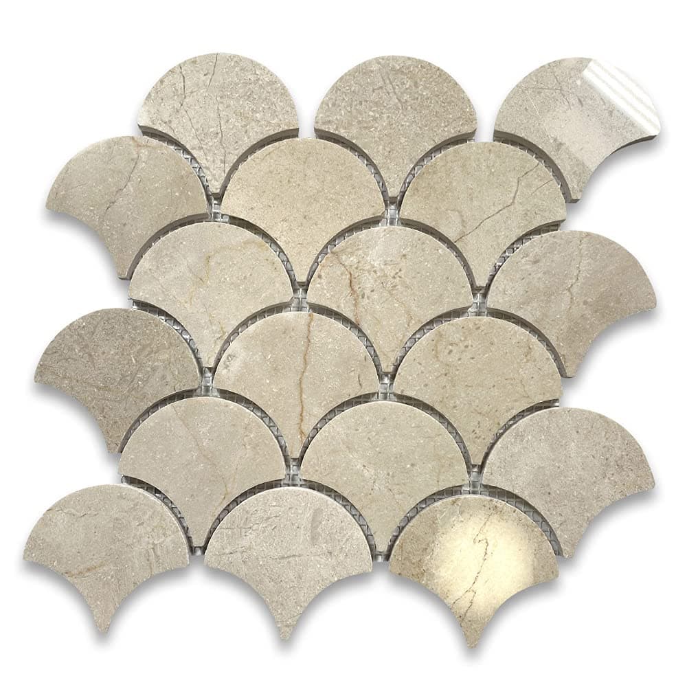 Stone Center Online Crema Marfil Marble Grand Fish Scale Fan Shape Mosaic Tile Polished Kitchen Bath Wall Floor Backsplash Shower (1 Sheet)