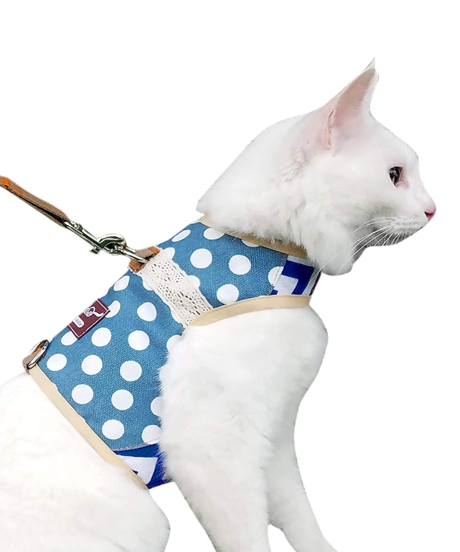 YIZHI MIAOWCat Harness and Leash for Walking Escape Proof for Winter, Adjustable Cat Walking Jackets, Padded Stylish Cat Vest, Polka Dot Blue, Extra Large