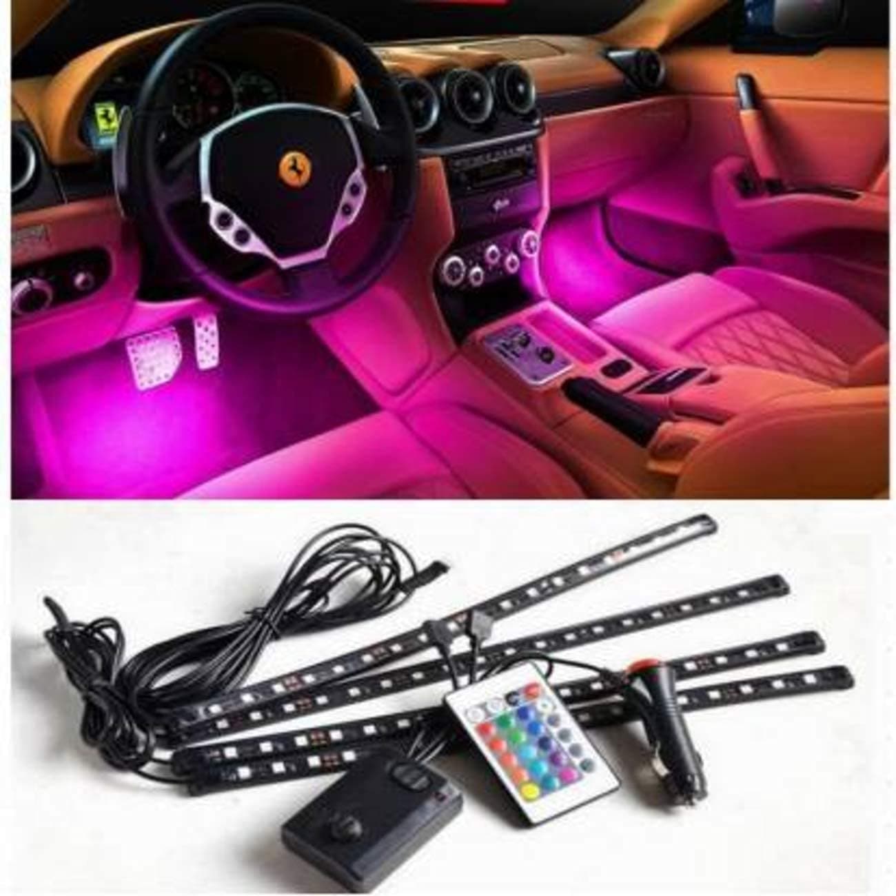 Gomechanic Atmosphere Lights with 12x4 LED Strip Light 48 LEDs, DC 12V Multicolour Interior Ambient Lighting Kit Featuring Sound Active Function, Wireless Remote Control Works for All car
