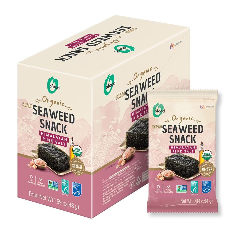 Roasted Seaweed Snack | Crispy Korean Laver Sheets | Vegan | Gluten-Free Nori | Low-Calorie | Perfect for Sushi, Rice Bowls, Snacks, Lunchboxes, Picnics, Plant-Based Korean Seaweed Chips - O’food [Himalayan Salt | Pack of 12]
