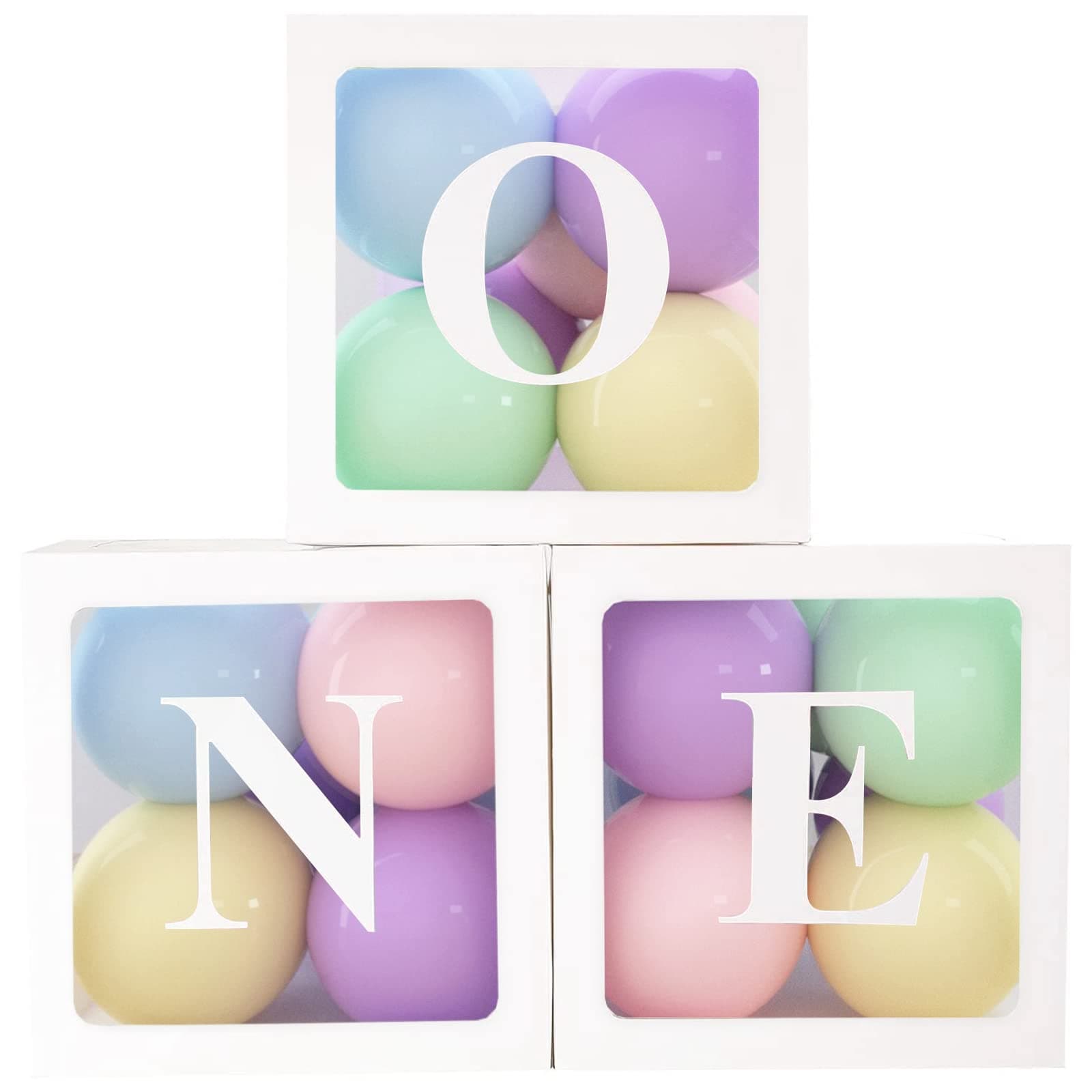 1st Birthday Party Decorations Boxes for Boys Girls, 3Pcs Balloon Boxes with 30pcs Pastel Balloons and ONE Letters, Balloon Blocks for First Birthday Backdrop, 1 One Year Old Birth Party Supplies