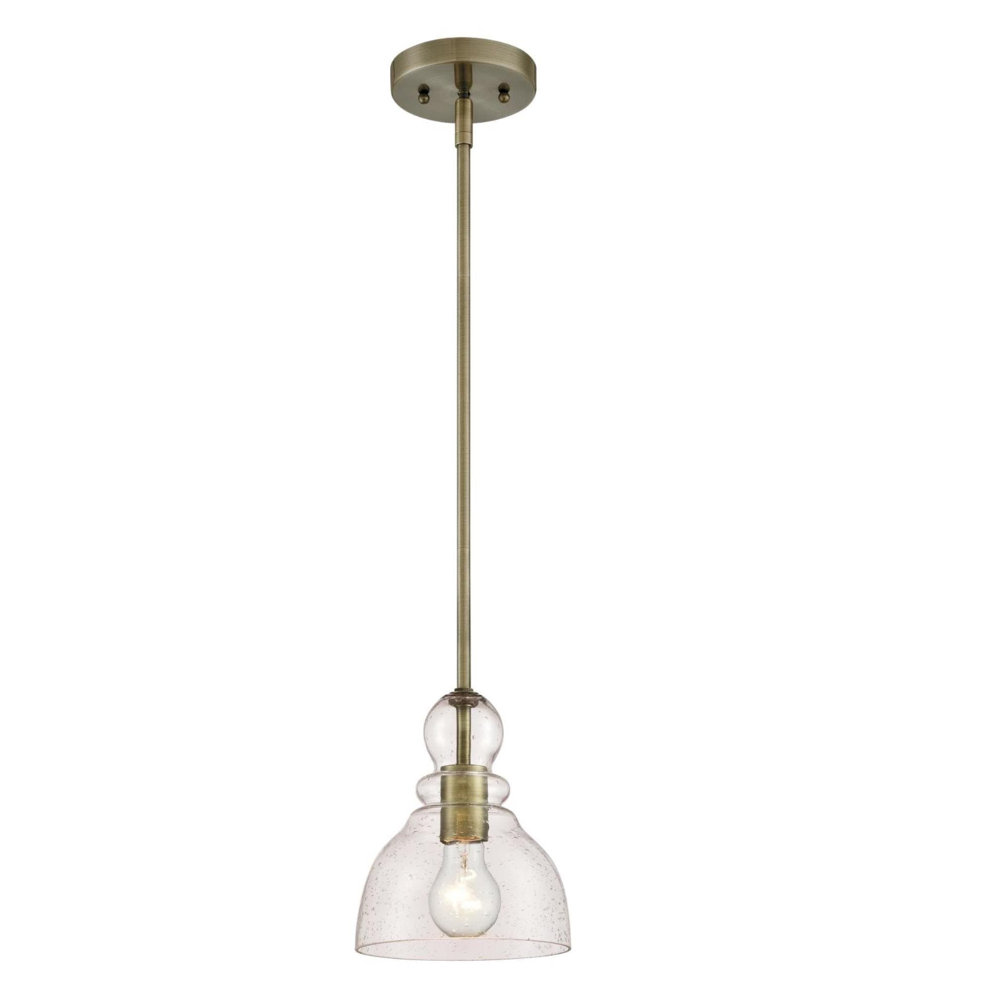 Westinghouse 6356500 Adjustable Indoor Mini-Pendant Light, Antique Brass Finish with Handblown Clear Seeded Glass