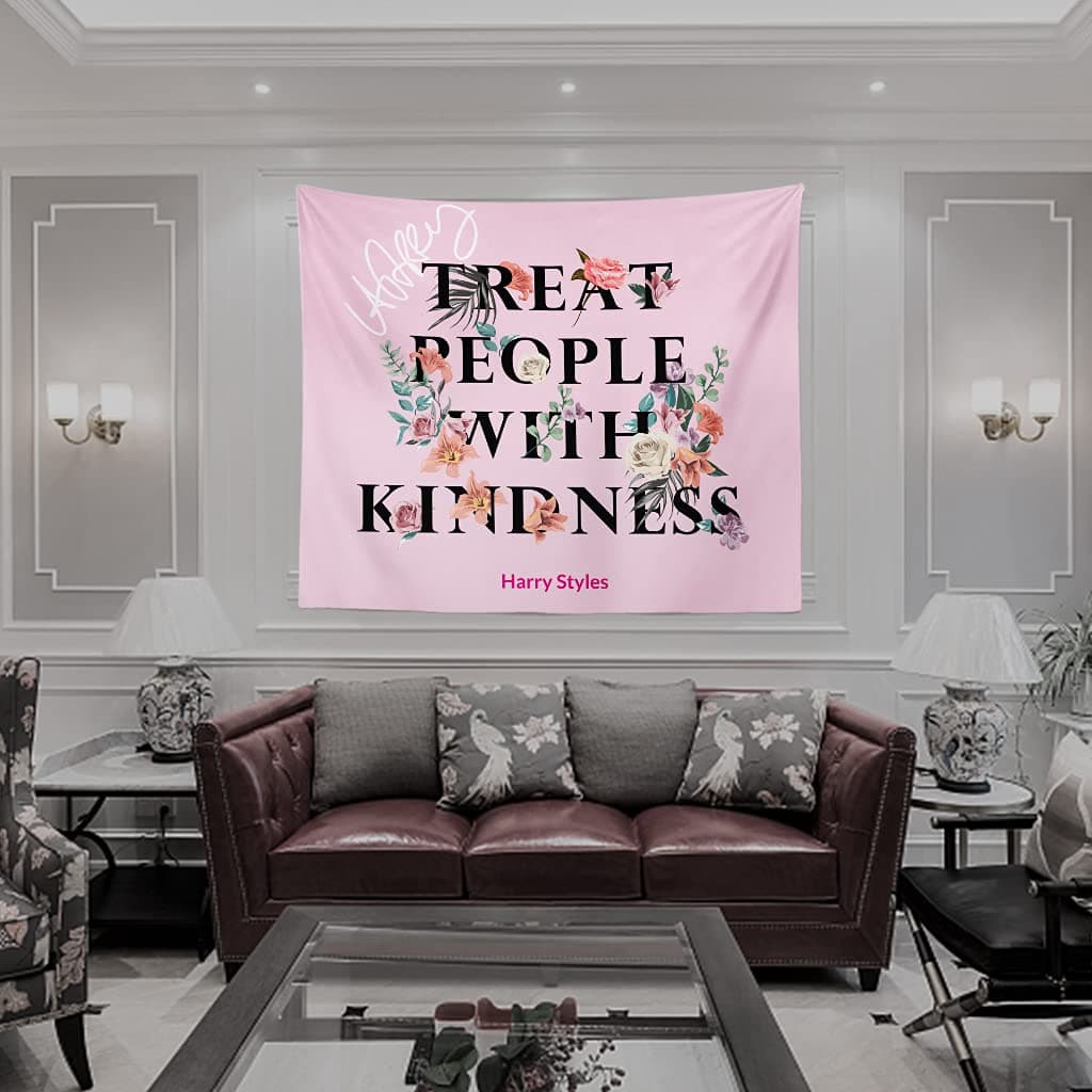 Treat People with Kindness Tapestry 51Hx60W Inspirational Quote Wall Decor Tpwk Poster Boutique Harry Art Styles merch Positivity Wall Hanging Bedroom Living Room Dorm Decor Fabric (pink)
