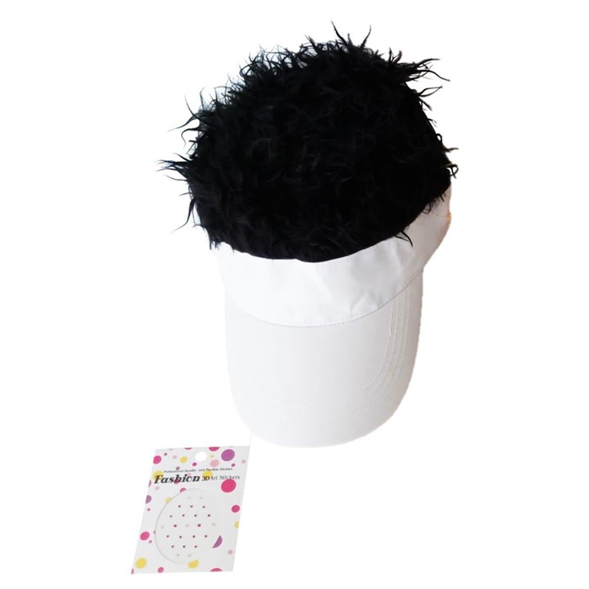 Unique & Fun Camouflage(Pink, Lavender, White) Hat Attached Faux Spiky Hair in Assorted Hair Colors 1 Pack Nose Body Art Stickers, (White Black Hair)