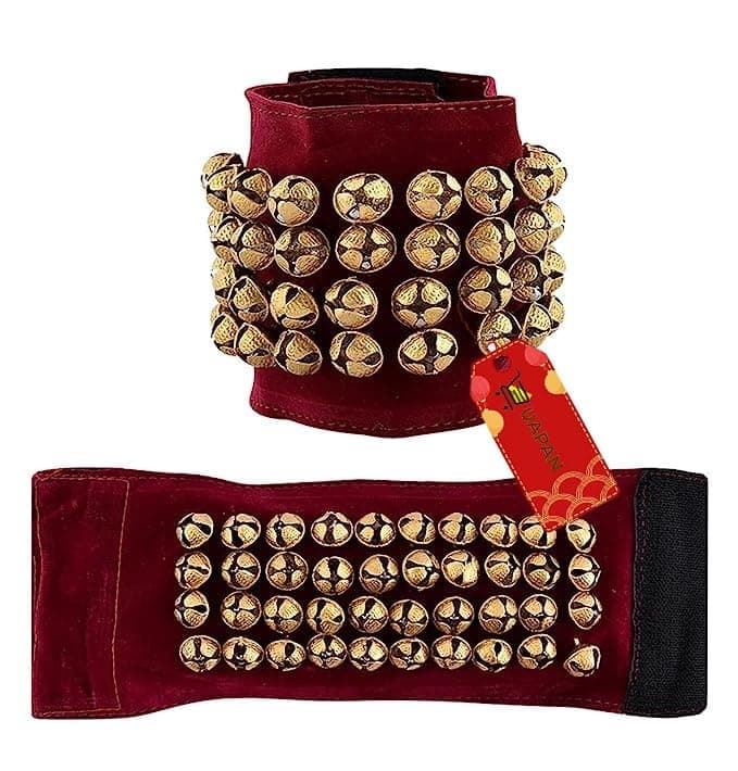 UAPAN Brass Ghungroo Ankle Bells Velvet 4 line Pad for Classical Kathak Dance with Adjustable Strap (Maroon Velvet,80 Bells)
