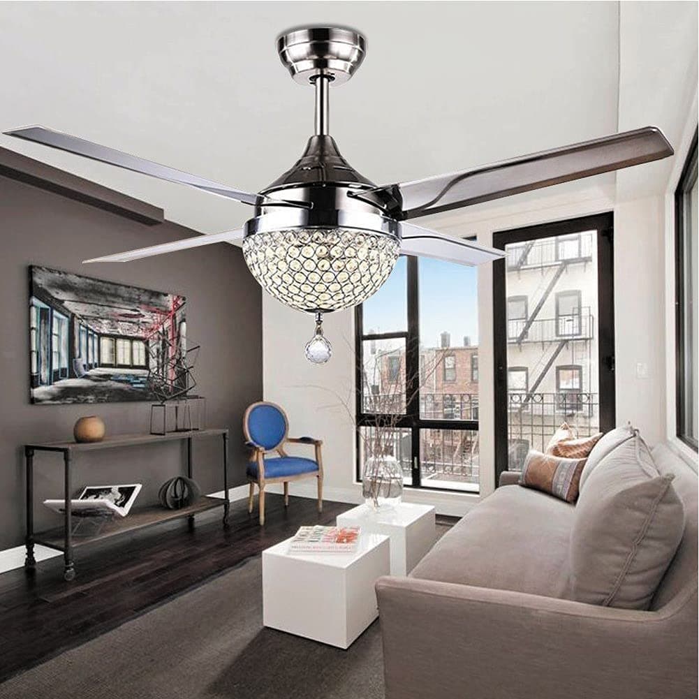 WHYIN 44'' Ceiling Fan Light with Remote Control 4 Stainless Steel Blades 3-Color dimming Crystal Light Chandeliers Pendant Lighting for Dinning Room, Restaurant, Cafe [Energy Class A+++] [Energy Class A+++]