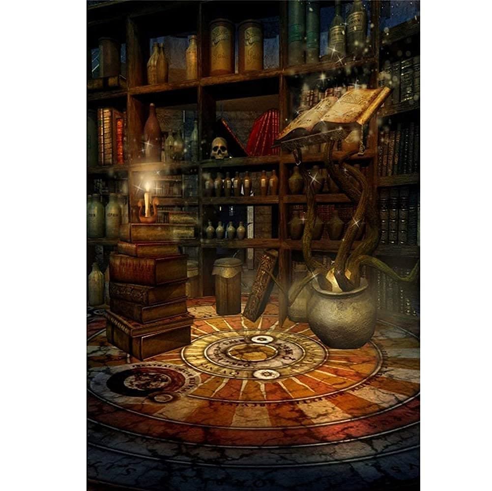 Laeacco5x7FT Fantasy Room Magic Book Potions Candles Enchanted House Backdrop Magic School Scary Skulls Wizard Halloween Horror Night Background Trick or Treat Backdrop Halloween Eve Party Decoration