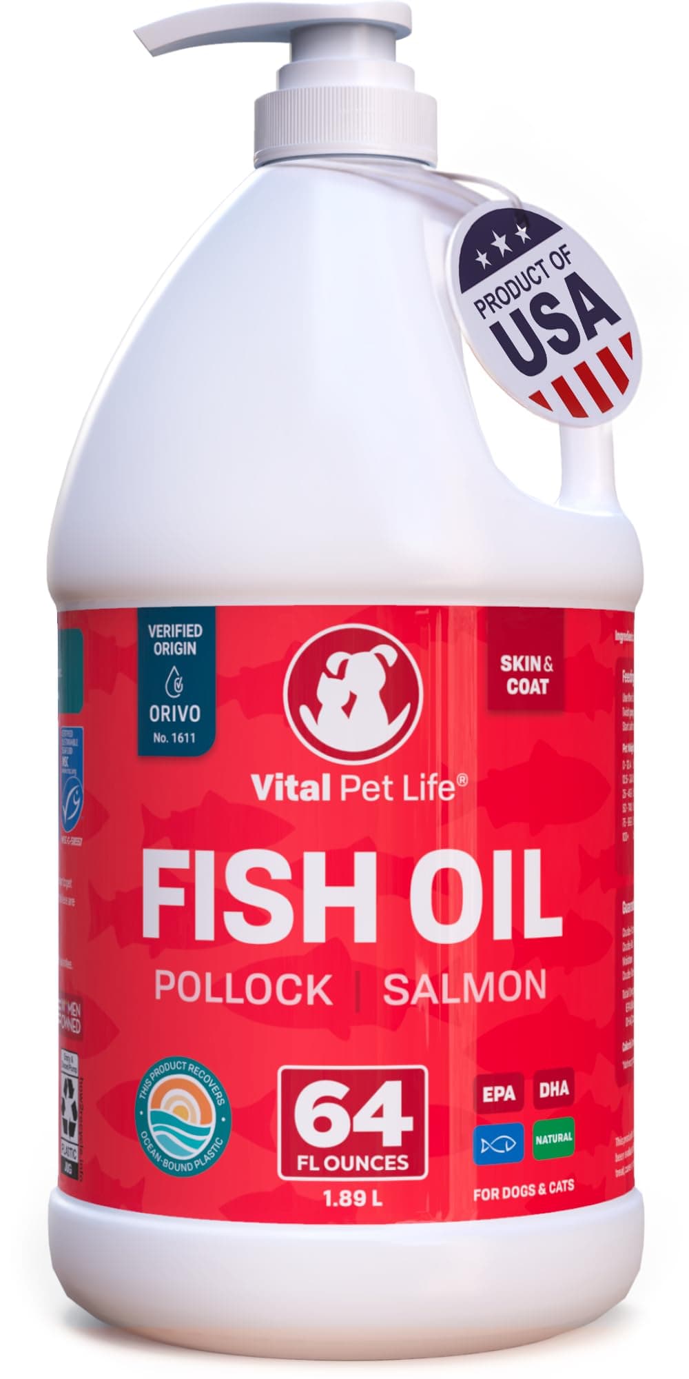 Fish Oil for Dogs - Healthy Skin & Coat, Salmon, Pollock, All Natural Supplement for Pets, Itching Scratching Allergy & Inflammation Defense, Omega 3 EPA DHA, Brain & Heart Health, 64 oz