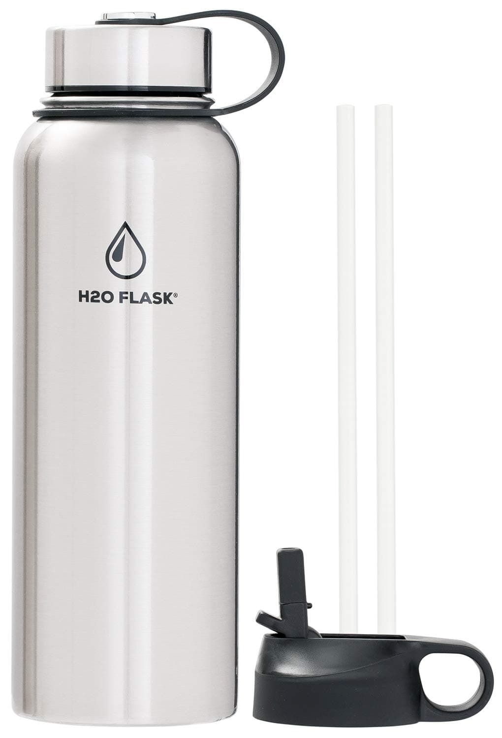 SilverOnyx Water Flask - Vacuum Insulated, Stainless Steel Bottle, Double Wall, Wide Mouth, Leak-Proof, Straw Lid and Flex Cap, Multiple Colors and Sizes, Flask Keeps Liquids Hot & Cold - Silver 40oz