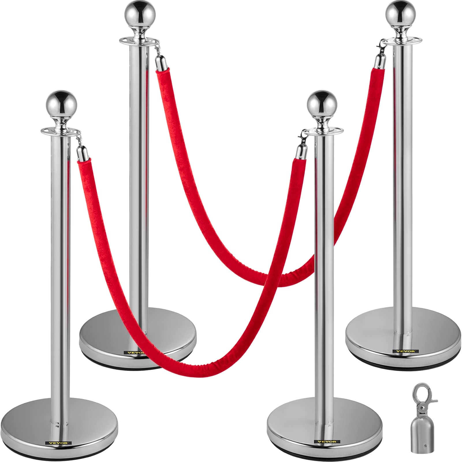 FlowerW Retractable Silver Round Top Stanchion Post Queue Crowd Control Barrier Posts Line Pole with 1.5M Red 2 Velvet Rope 4 Pack