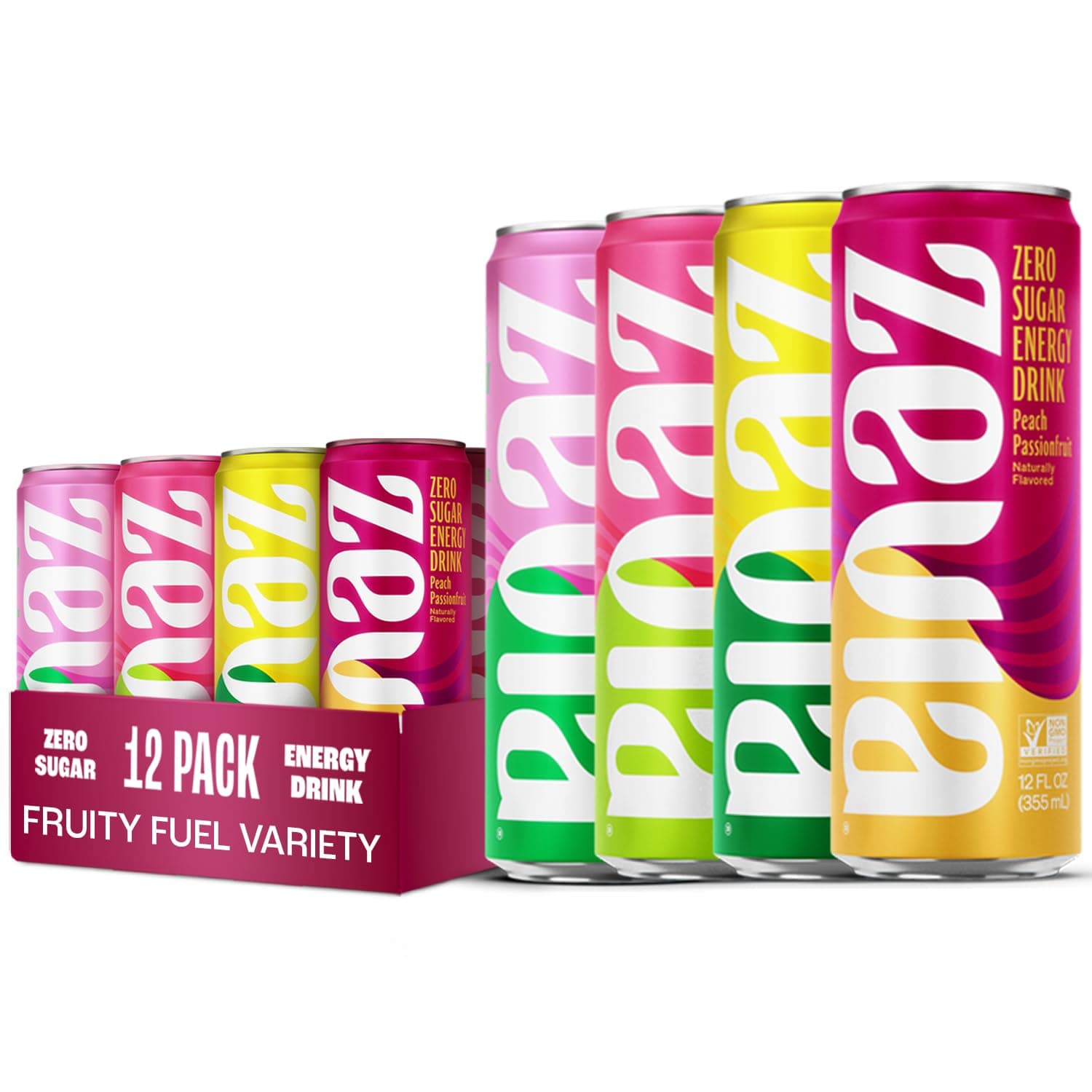 Zero Sugar Energy Drink, Fruity Fuel Variety Pack, 12 oz Cans (12-Pack) – Naturally Sweetened, Non-GMO Project Verified, Gluten-Free, Vegan