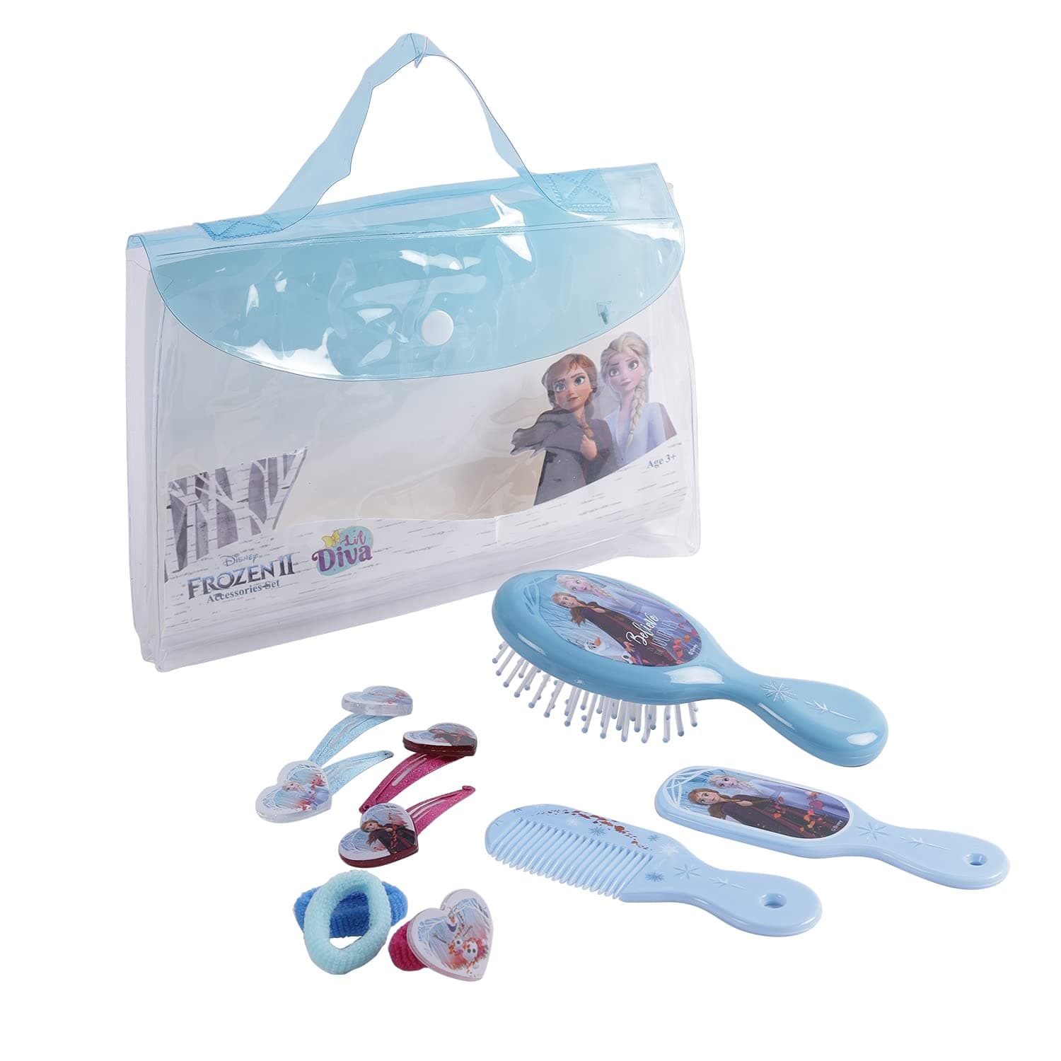 Lil DivaLi'l Diva Disney Frozen II Pack of 10-4 hairclips with Anna & Elsa charms, 3 Rubber bands, a comb, a brush & a mirror for Girls 3 years And Above