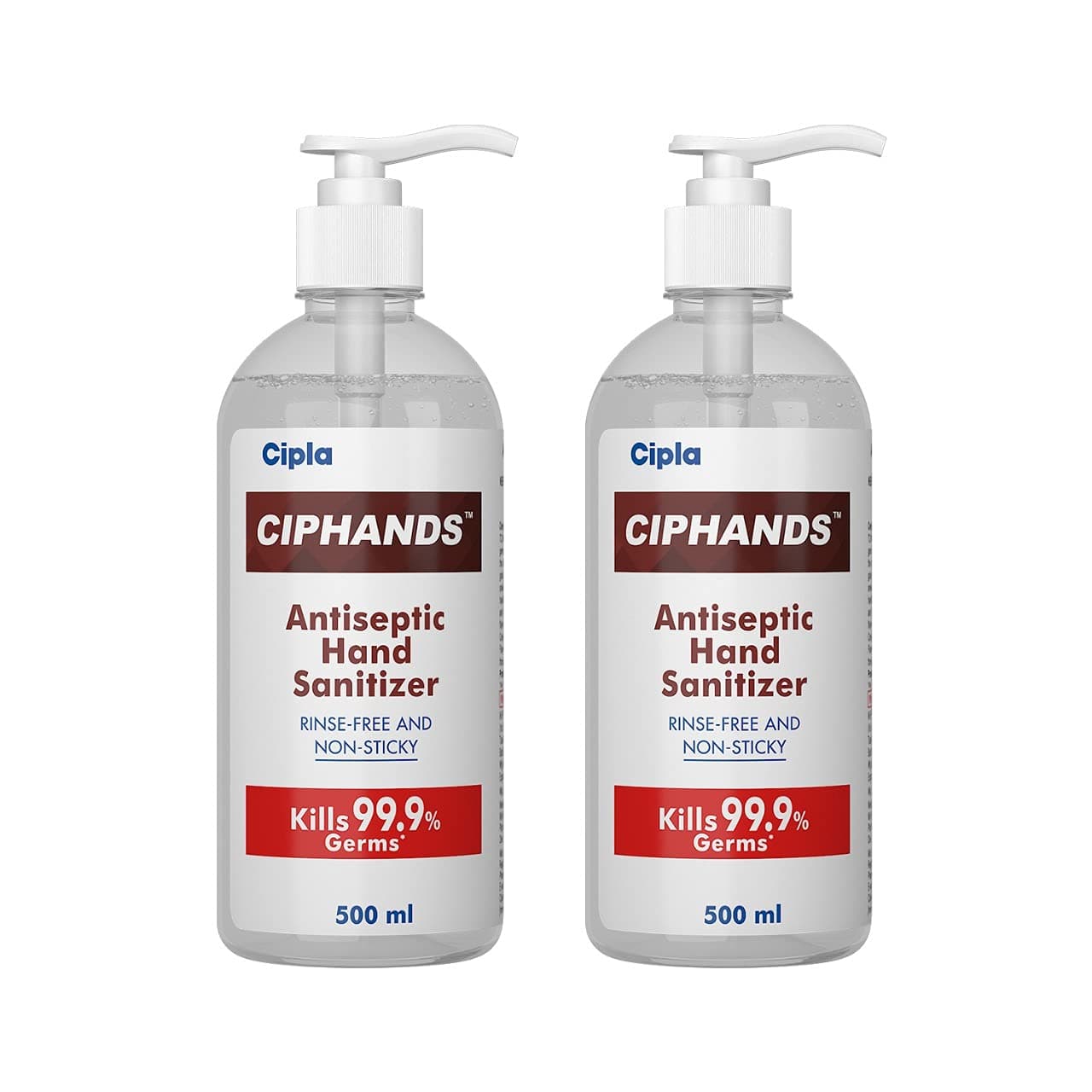 Cipla Ciphands Antiseptic Instant Protection Hand Sanitizer Gel | 72% Alcohol Based | Kills 99.99% Germs | Rinse Free and Non-Sticky | 500 ML (Pack of 2)