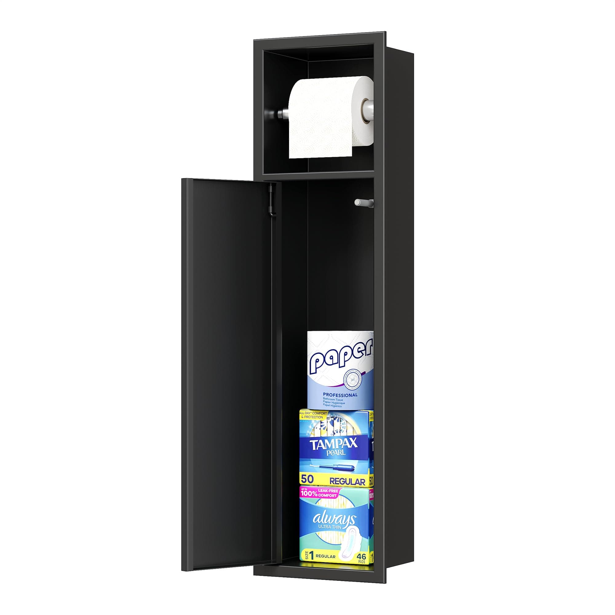 Neodrain 埋め込み式トイレットペーパーホルダー、トイレブラシホルダー用収納キャビネット付きブラックトイレットペーパーホルダー、304ステンレススチール壁バスルームロールペーパーホルダー