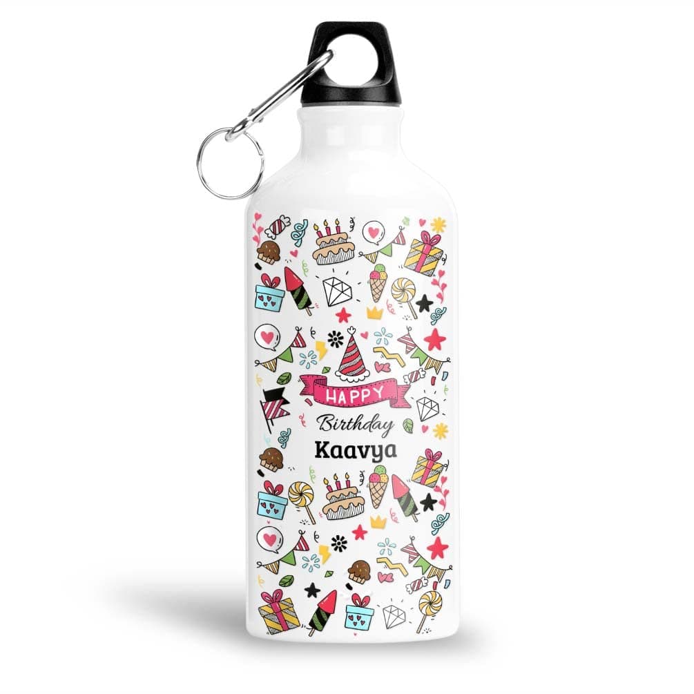 FurnishFantasy Happy Birthday Personalised Aluminium 750ml Water Bottle for Kids - Best Birthday Gift for Son, Daughter, Brother, Sister, Return Gift for kids - Color - White, Name - Kaavya