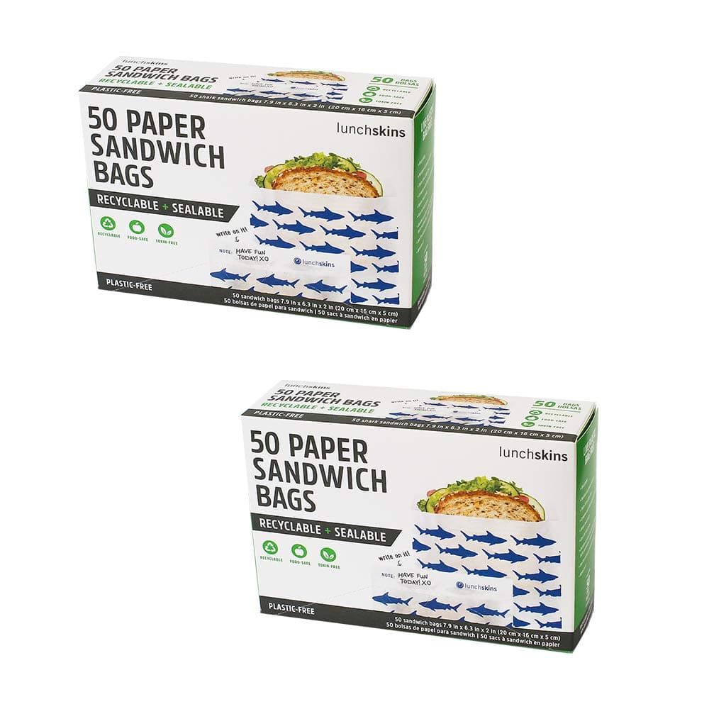 Lunchskins Recyclable & Sealable Paper Sandwich Bags – 100 Count (2-Pack) | Shark Design | Eco-Friendly Grease-Resistant Glassine Snack Bags with Self-Adhesive Closure for Freshness