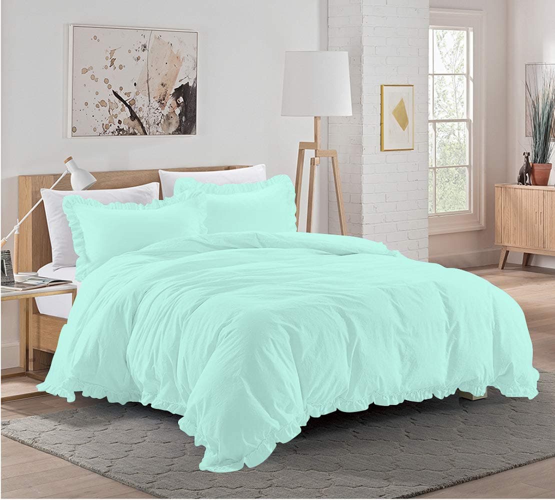 BedFantasy-5 Pieces Ruffle Duvet Cover Set with Zipper Closure, 100% Egyptian Cotton 1000 Thread Count (Full/Queen, Aqua Blue)