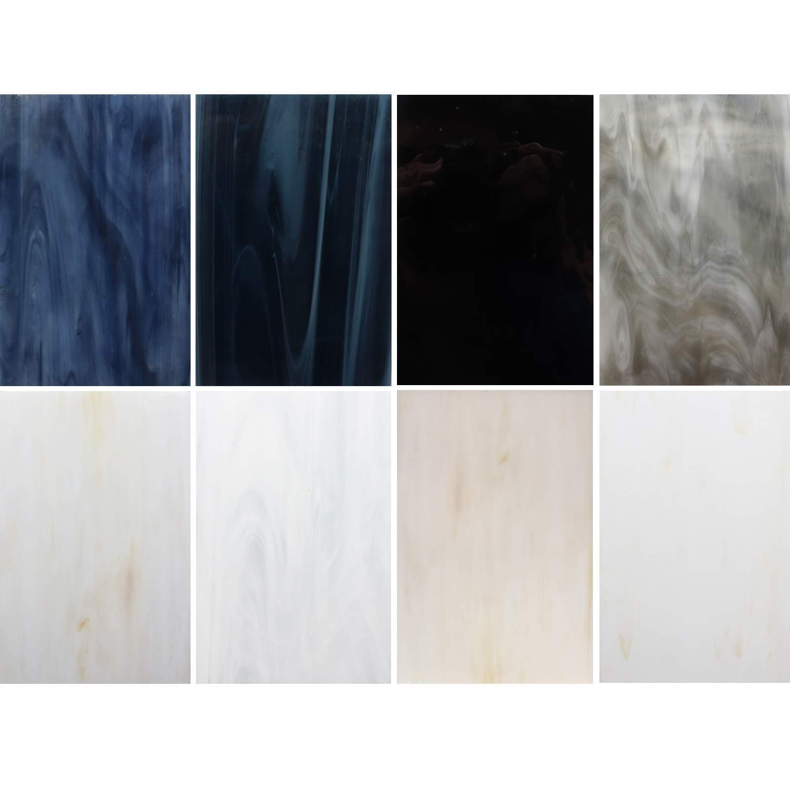 8 Sheets Stained Glass Variety Pack, 4 x 6 inch Mosaic Glass Tiles for Crafts, Art Glass Pack, Mixed Colors and Patterns (White+Black+Gray)