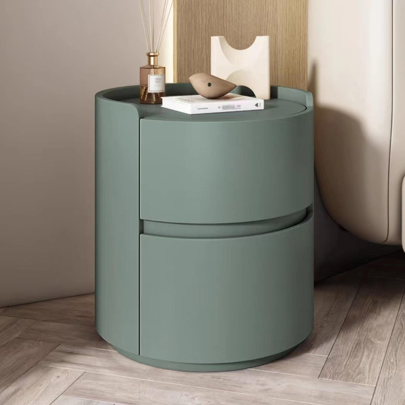 Round Nightstand, Bedside Table for Bedroom, Narrow Leather Nightstand Exterior, Storage for Living Room, Side Tables, Drawer, Shelf (Color : Green, Size : 45x45x50c