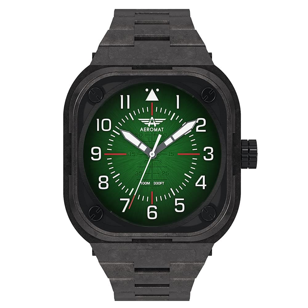 AEROMAT AEM450 Pilot Watch for Men – Analog Aviator Watch 100M Water Resistant with Luminous Indexes and Hour and Minute Hands – Men’s Square Case Aviation Watch Carbon Fiber Bracelet