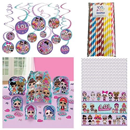 LOL Surprise Doll Party Decorating Kit - Includes Table Centerpiece, Hanging Swirls, Tablecloth and ElevenPlus2 Straw