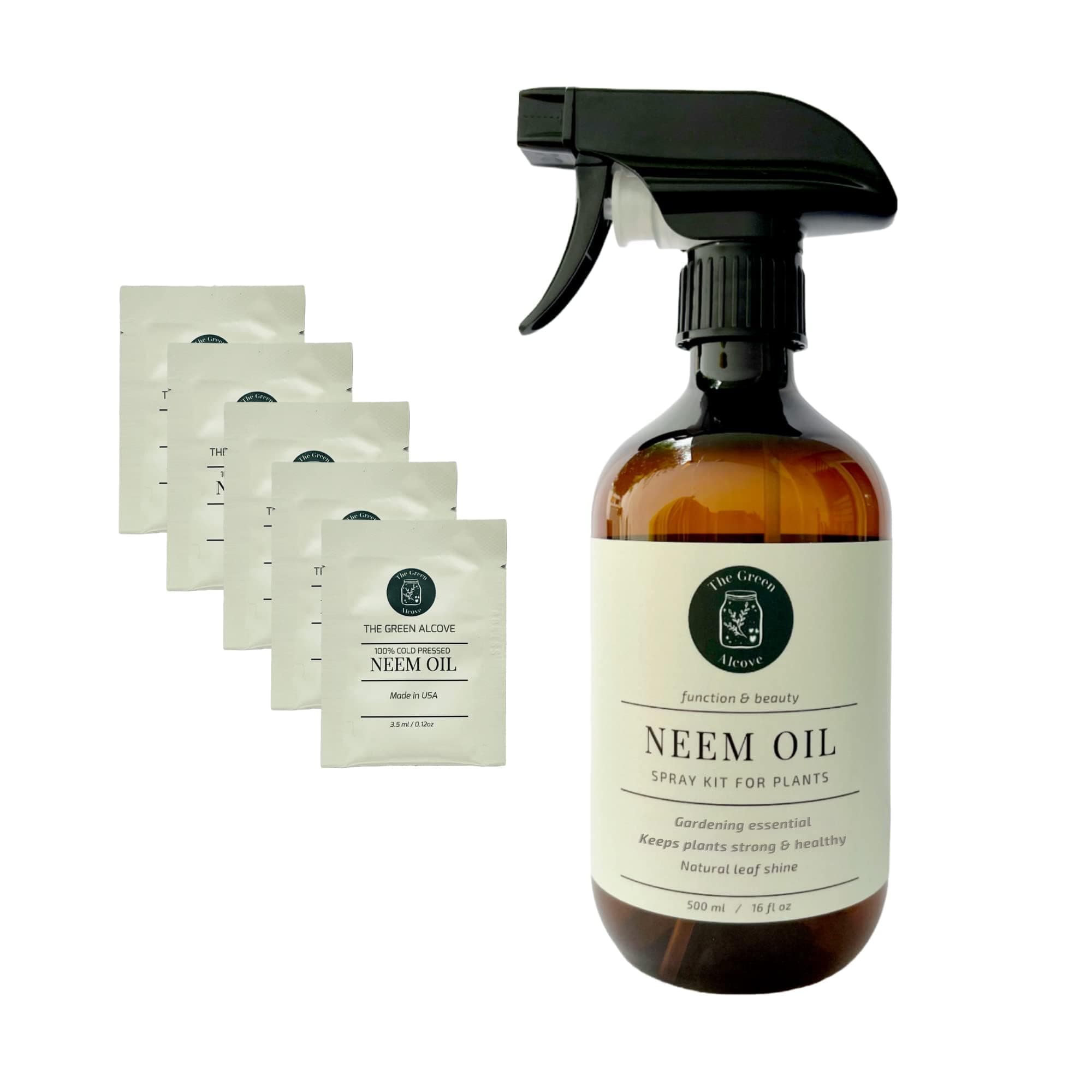 Neem Oil Spray Kit for Plants | Plant Neem Spray for Indoor and Outdoor Garden | Amber Spray Bottle & 5 Neem Oil Sachets 100% Pure Cold-Pressed, Makes 80 fl oz