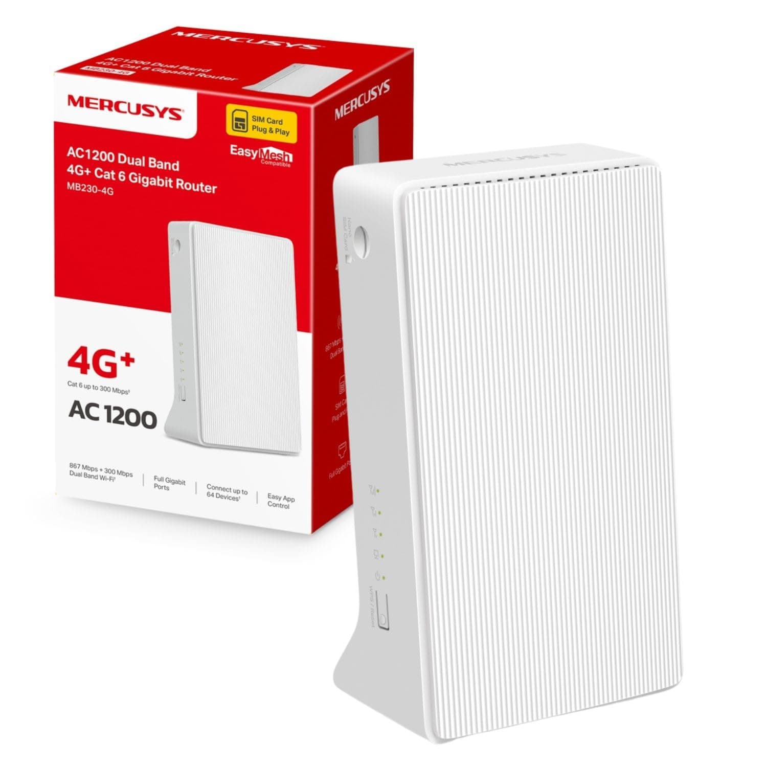 MB230-4G AC1200 WiFi 4G+ CAT6 WiFi Router, Sim Slot Unlocked, Dual Band 1200 Mbps Fast Speed, Gigabit Ethernet Port, Sim Card Router, Plug & Play, Superfast 4G+ LTE Speed, App Control