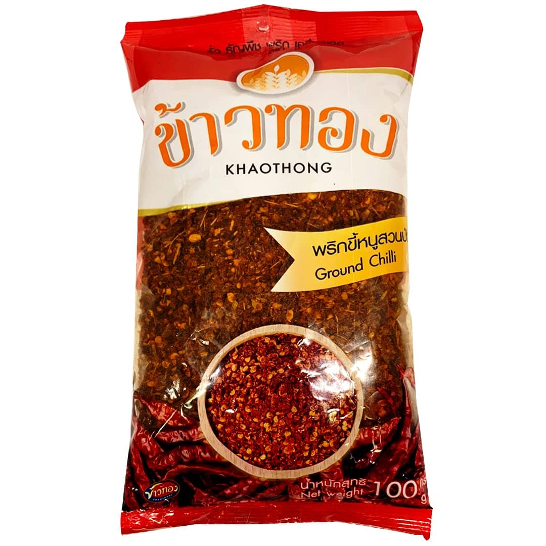 Khaothong Thai Ground Chili Pepper, Crushed Thai chili peppers, Ground red chili, Hot chili flakes, 100g (3.52 oz) Dried crushed chili seasonings