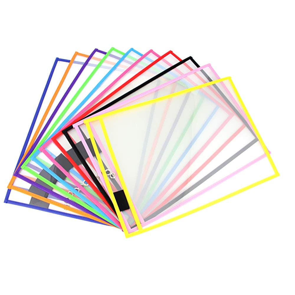 JTDEAL 10PCS Dry Erase Pocket Sleeves 10 X 13Inches Clear Reusable Plastic Sheet Protectors with Hole Hanger and Colorful Edge for Classroom Office Organization and Teaching Supplies