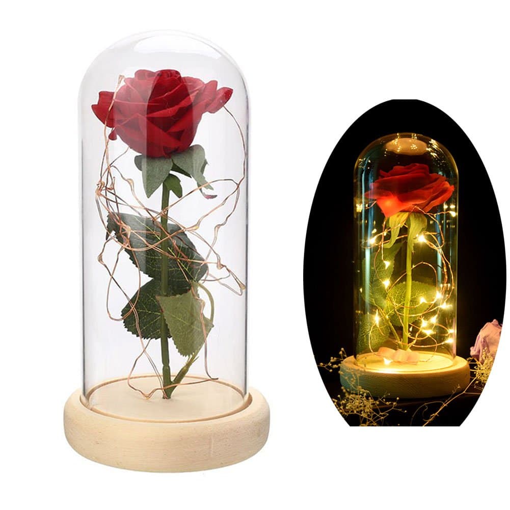 BoTen Rose Lasts Artificial Flower Forever Led Light in Glass Dome Love Forever Gift for Wedding Valentine’s Day Anniversary Birthday (Red) Mother's Day Gift