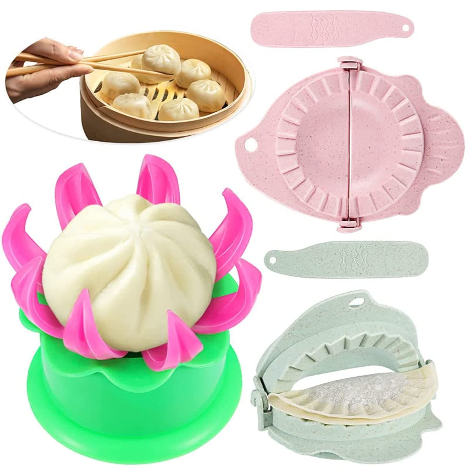 Potchen 5 Pieces Bun Maker Dumpling Maker Steam Filled Plastic Mold and Filling Spoon Cooking Tool Set for Adults Press Steamed Stuffed Mould Make Delicious Bun and Dumplings(Green, Pink)
