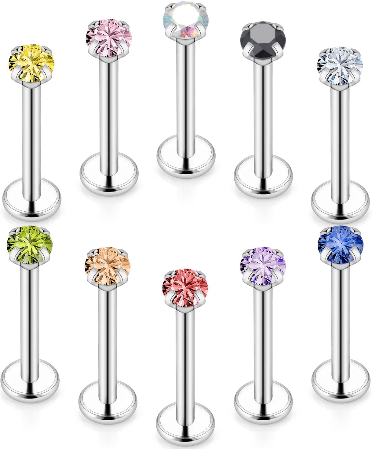 Kridzisw 16G Lip Labret Medusa Monroe Rings Studs Hypoallergenic Surgical Steel Flat Back Tragus Cartilage Helix Conch Ear Earrings Piercings Studs 2mm 3mm 4mm CZ 6mm 8mm 10mm Bar Length 10Pcs