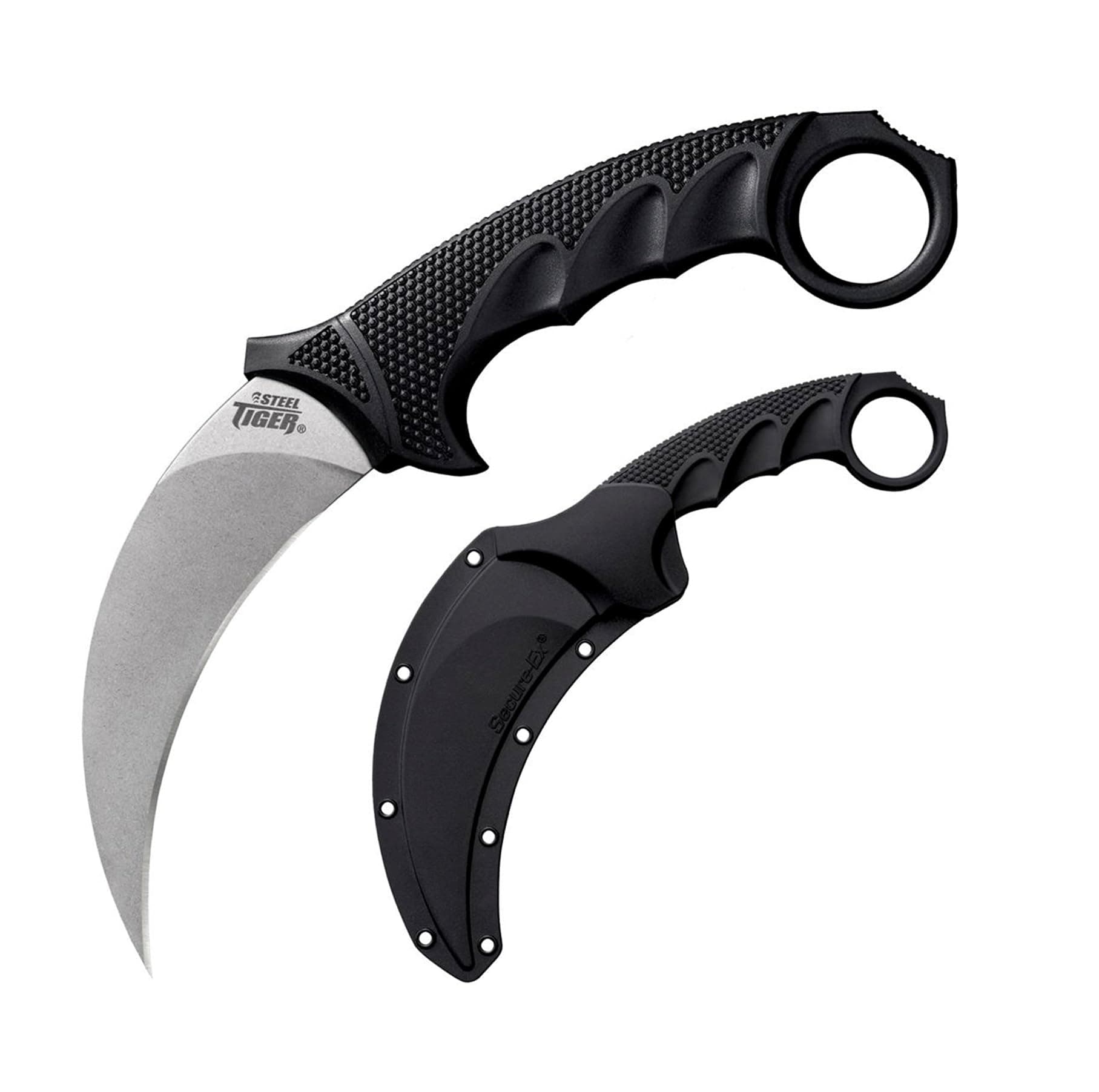Cold Steel Tiger 4.75'' Japanese Aus8A Stainless Steel W/ Stonewashed Finish Karambit Shape Fixed Blade Tactical Hunting Knife, Kray-Ex Handle, Secure-Ex Sheath