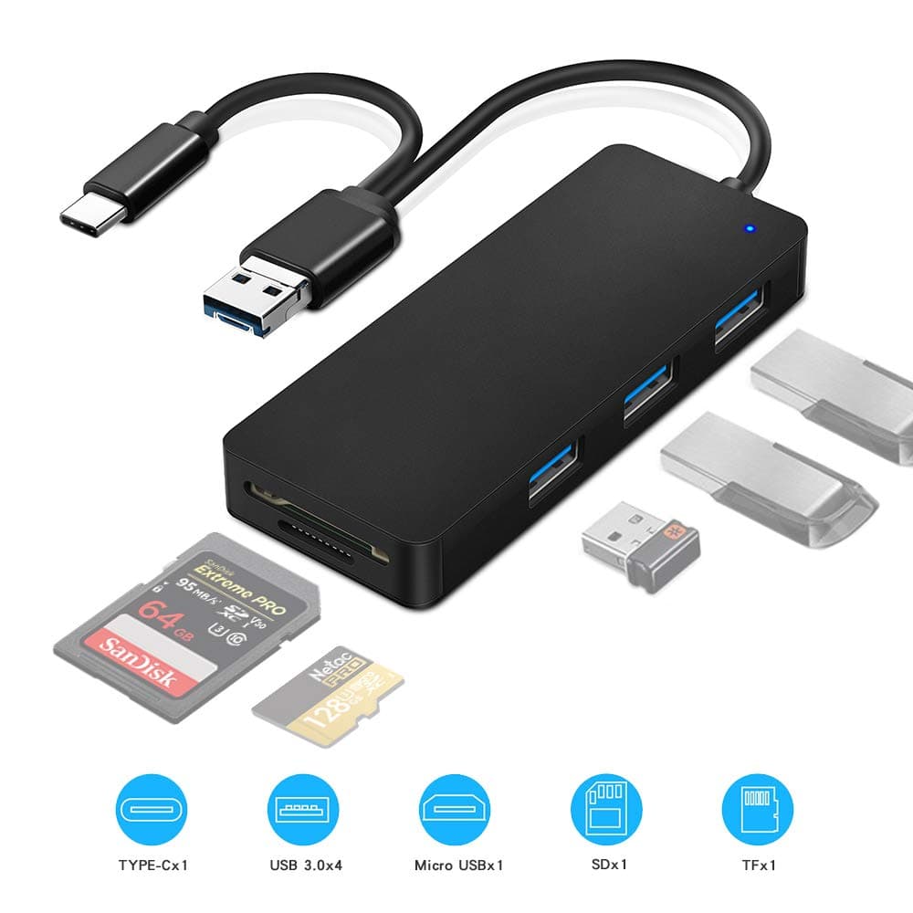 Micro USB OTG to Type C Adapter, Opluz 3-Port 6 IN1 USB/USB C HUB Adapter Fast Speed 5Gbps, Card Reader Read 2 Cards Simultaneously CF/TF/SDXC/SDHC/SD/MMC/Micro SDXC/Micro SD/Micro SDHC/MS/UHS-I