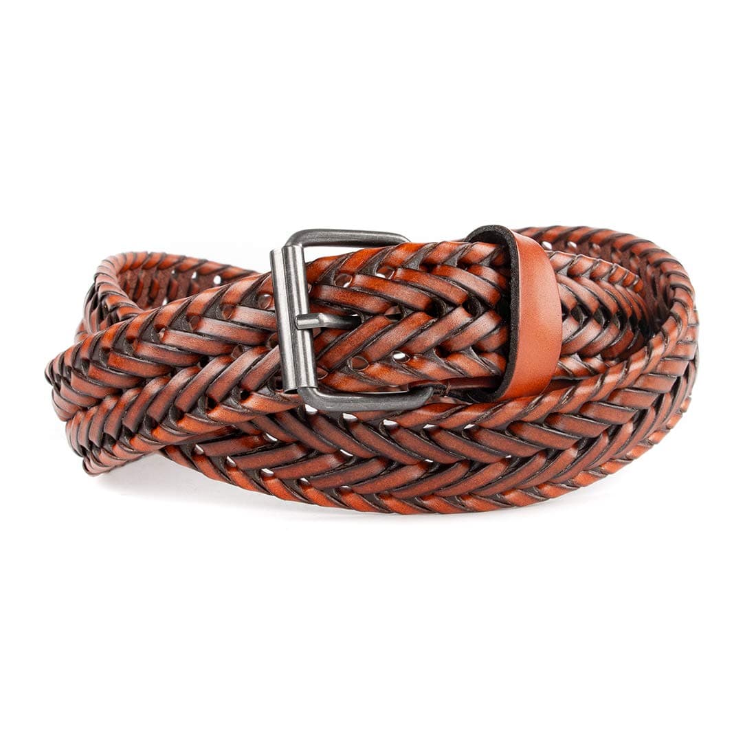 ECHAIN Men Braided Woven Genuine Leather Belt Brown