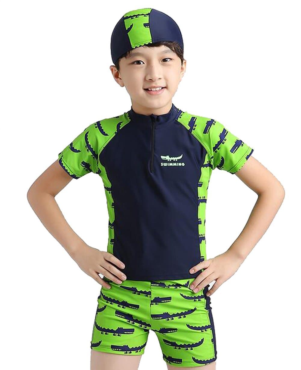Boys Green Crocodile 2 Piece Swimsuit Sunscreen Kids Long-sleeve Swimwear