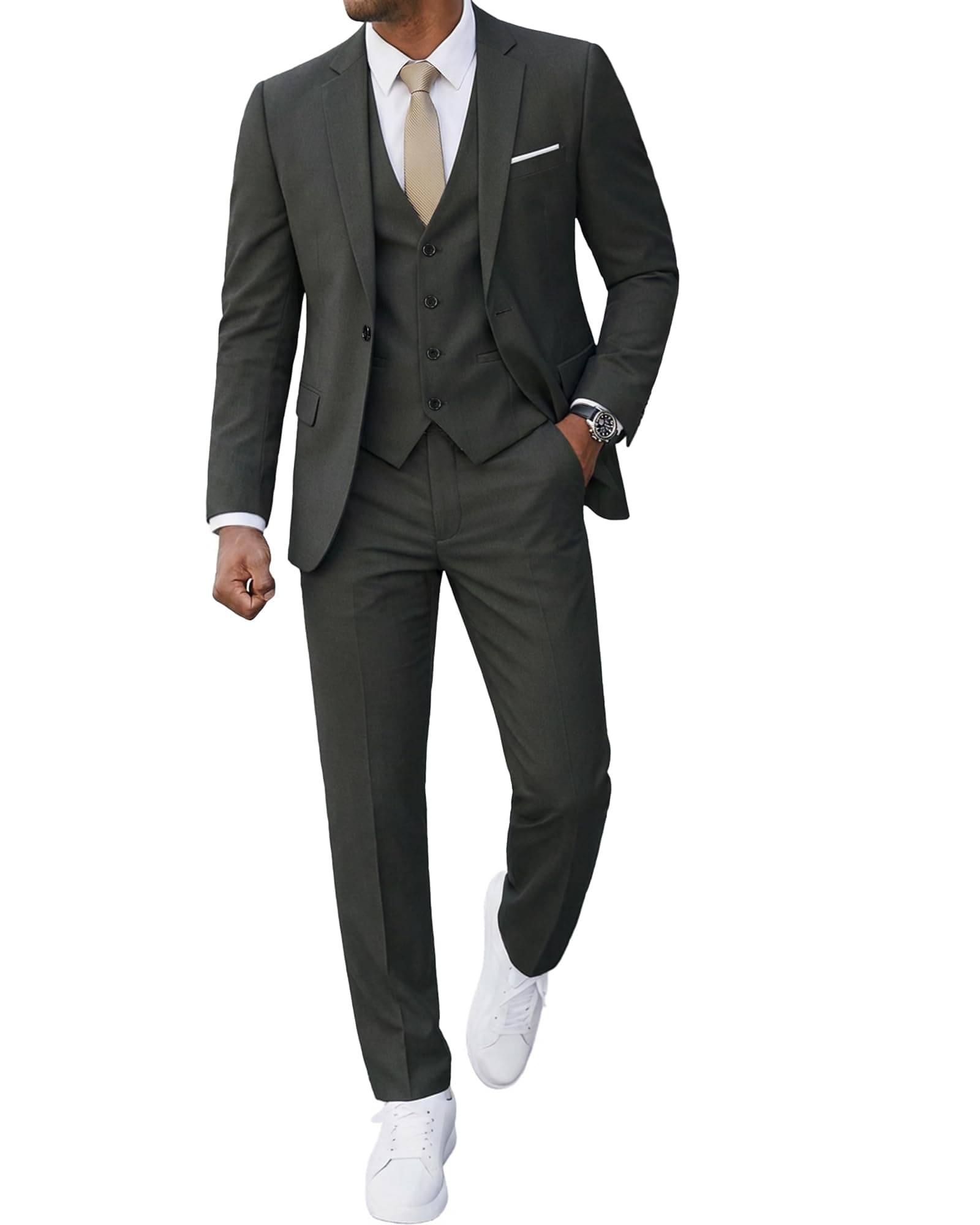 Men’s 3 Piece Suit Blazer, Slim Fit Tux with One Button, Jacket Vest Pants & Tie Set for Party, Wedding and Business