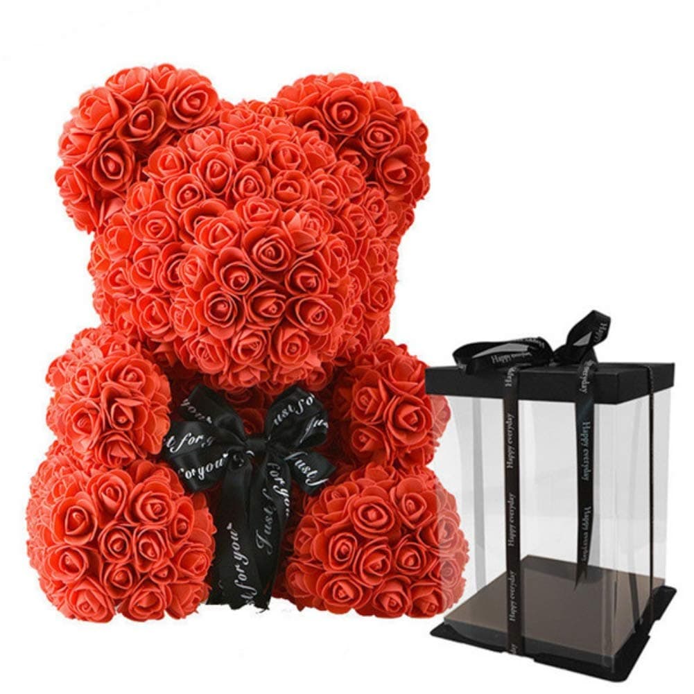 Rose Flower Teddy Bear Shaped Artificial Flowers Valentines Wedding Anniversary Birthday Gifts Toys for Girlfriend Girls, Gift Package (Red, 25cm/10inch)