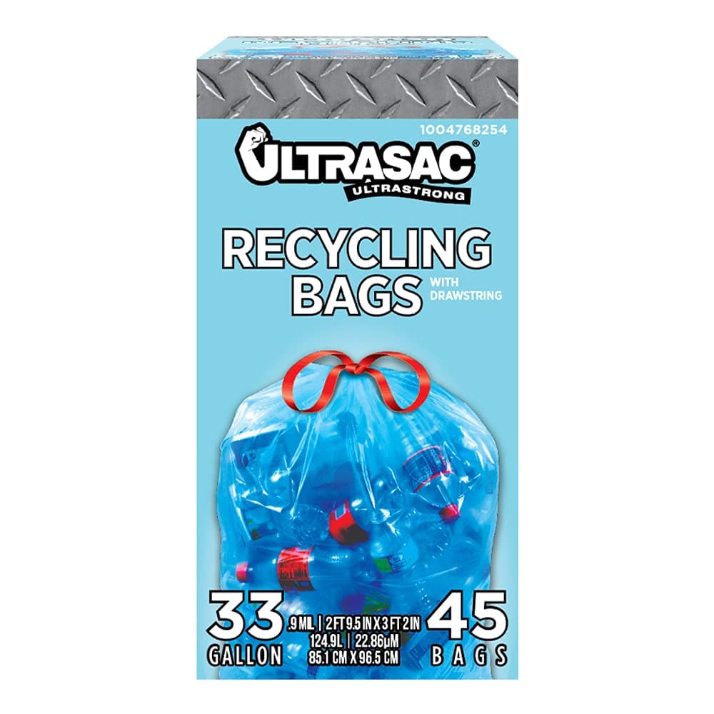 Blue Recycling Bags 33 Gallon 0.9 MIL, 33.5" x 38" - Pack of 45 - For Recycling, Kitchen, Industrial, & Commercial