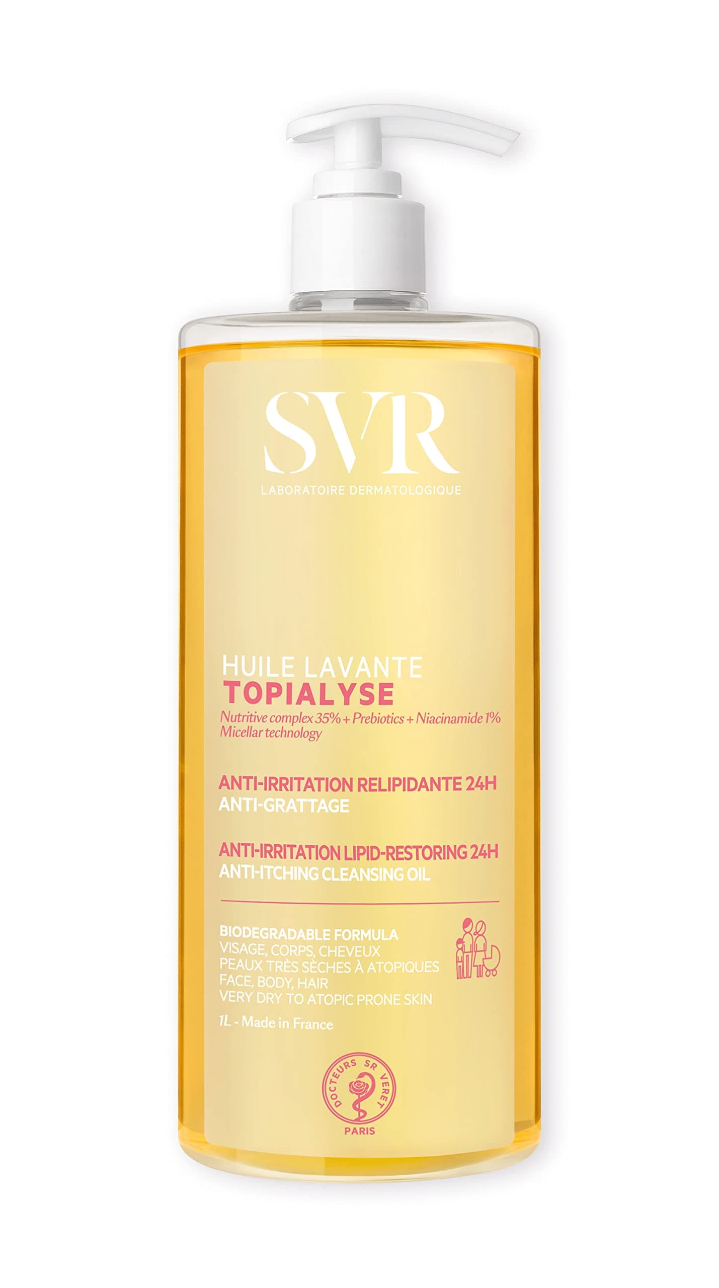 Svr Topialyse Micellar Oil Wash For Face, Body, Hair, 24Hr Hydration Emulsifying Soothing Bath/Shower Cleanser For Very Dry, Sensitive, Eczema-Prone Skin, All Ages (1 L)