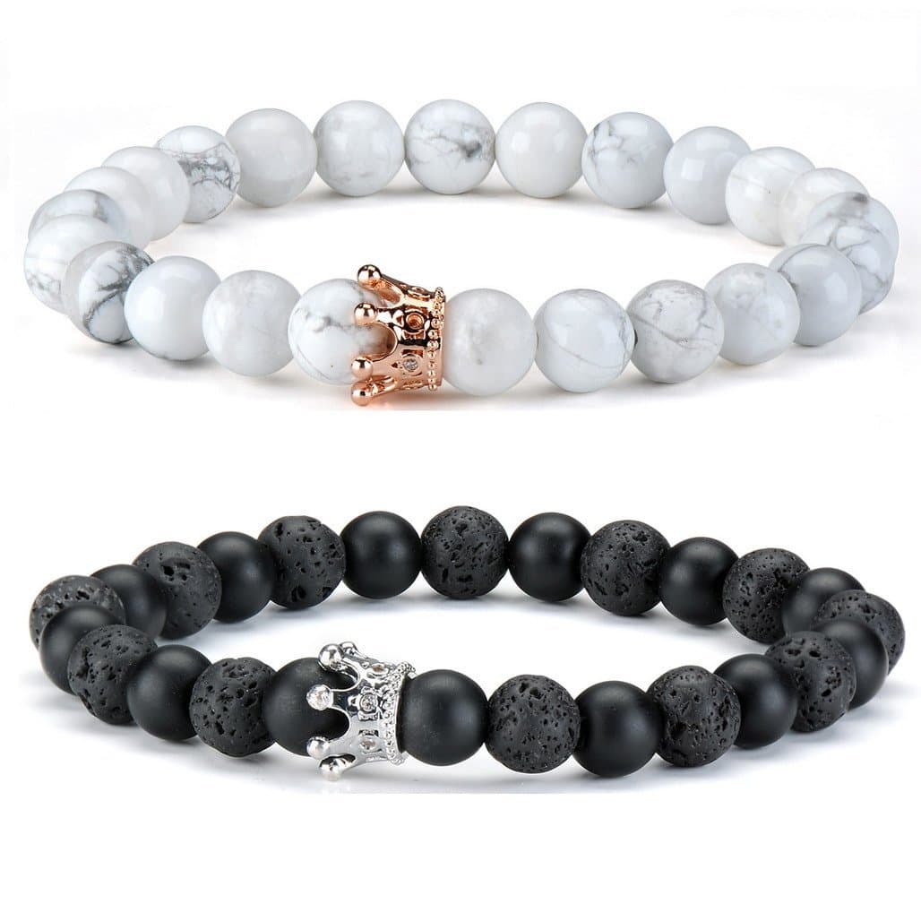 Thajaling2 pcs Couple Bracelet Black White Stone Bracelet Rose Gold & Silver Crown Queen 8mm Beads Bracelets