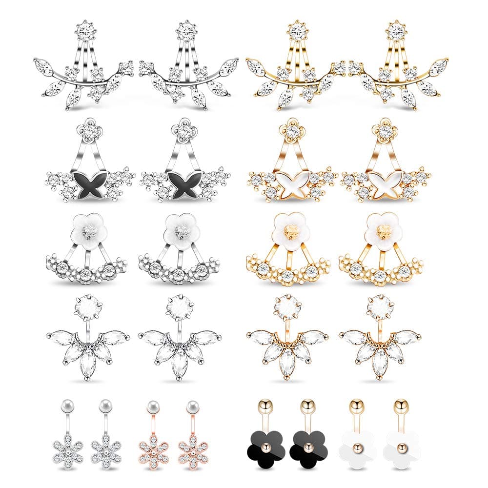 12 Pairs Fashion Silver Plated Leaf Feather Flower Crystal Ear Jacket Front and Back Stud Earrings for Women Girls