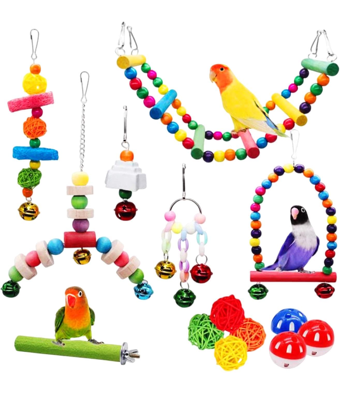 MQUPIN Bird Parrots Toys 14-Pack Cage Toys Hanging Swing Climbing Shredding Perches Ladders Sepak Takraw Bell Frosting Stick Parrot Set Toy for Medium Budgie,Finches,Cockatiels,Conures,African Parrot…