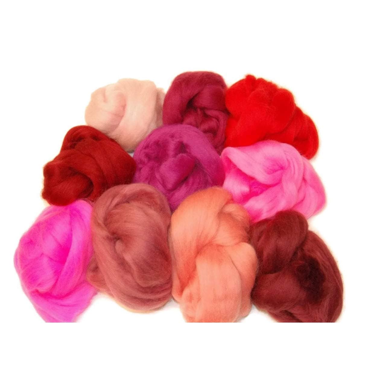 Red/Pink hues Merino Wool roving/Tops A Mix of 10 Colours. Great for Wet Felting/Needle Felting, and Hand Spinning Projects. 60gm Pack