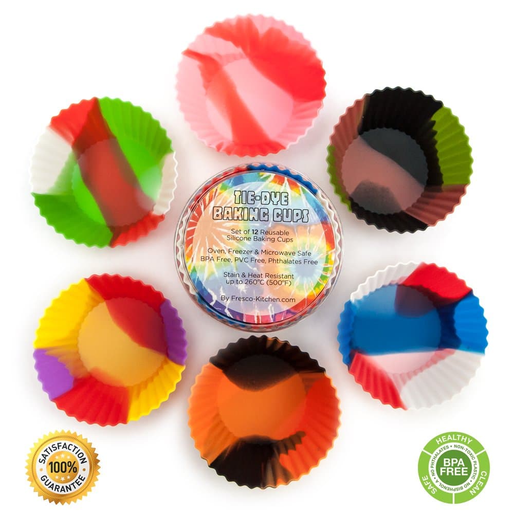 Set of 12 Premium Quality Tie-Dye Silicone Baking Cups / Reusable Cupcake Liners-Environmentally Safe-Lifetime Guarantee (12 Pack - Six Designs) (Multi Pack)